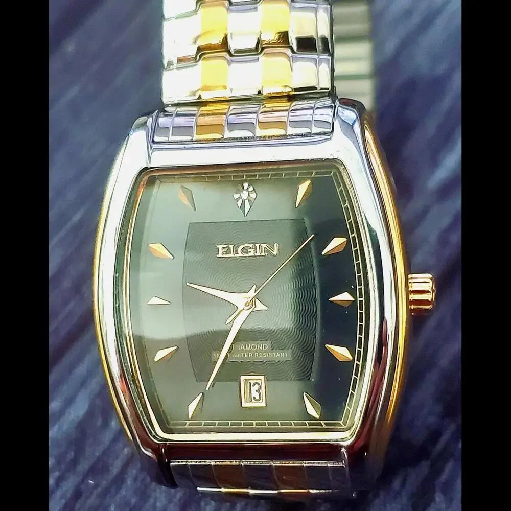 Rare Elgin Lord Diamond Dial Barrel Dress Watch Box Papers‎